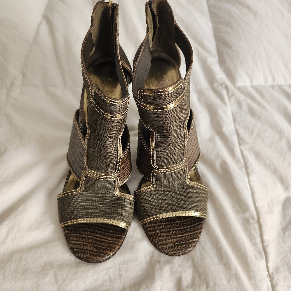 Tory Burch Geoff Olive Green & Gold Caged High Heel Stiletto Sandals